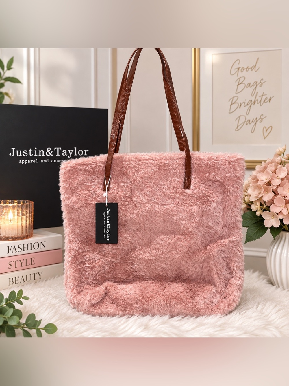 NWT Justin Taylor Pink Faux Fur Tote Bag Brown Handles Shoulder Bag